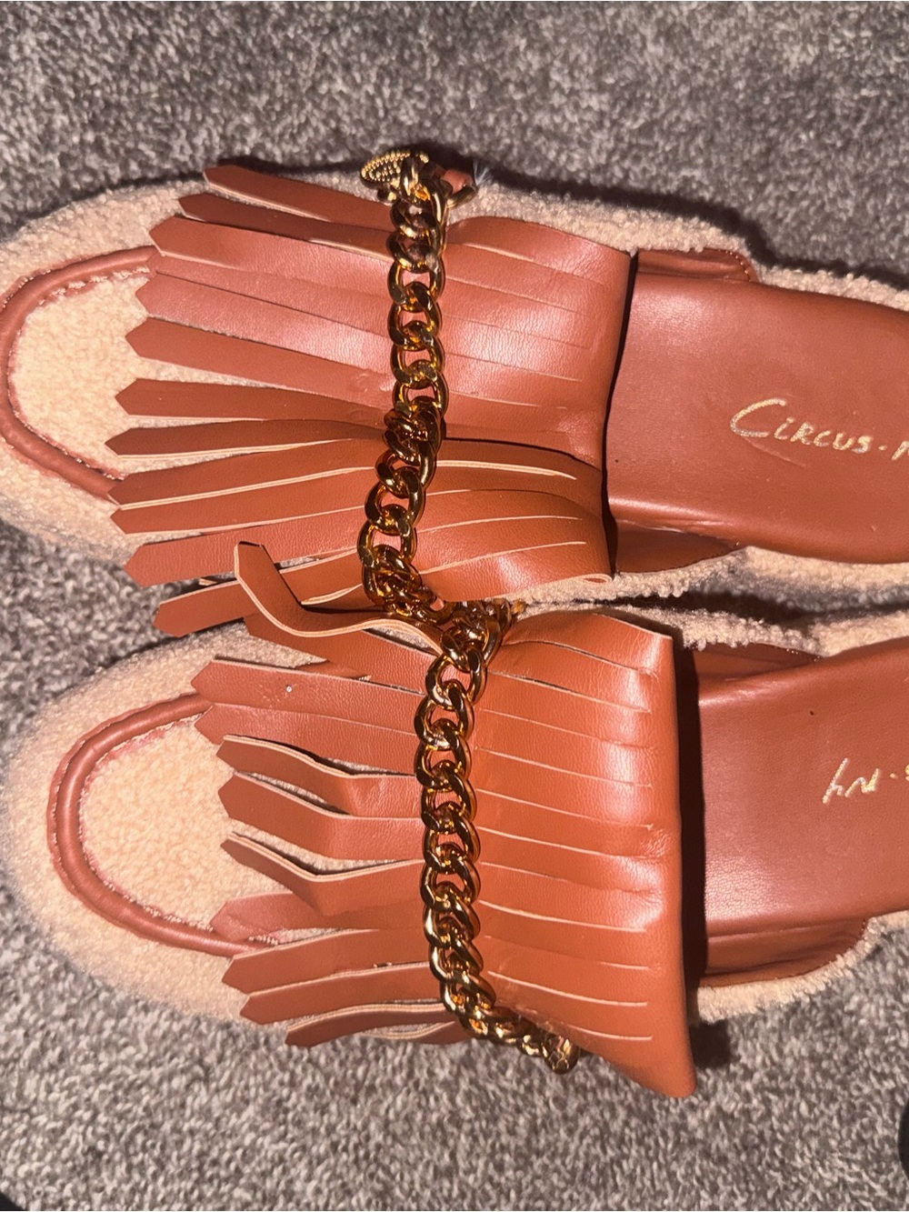 Circus by Sam Edelman Rust Brown Fringe Slide Mules with Gold Chain